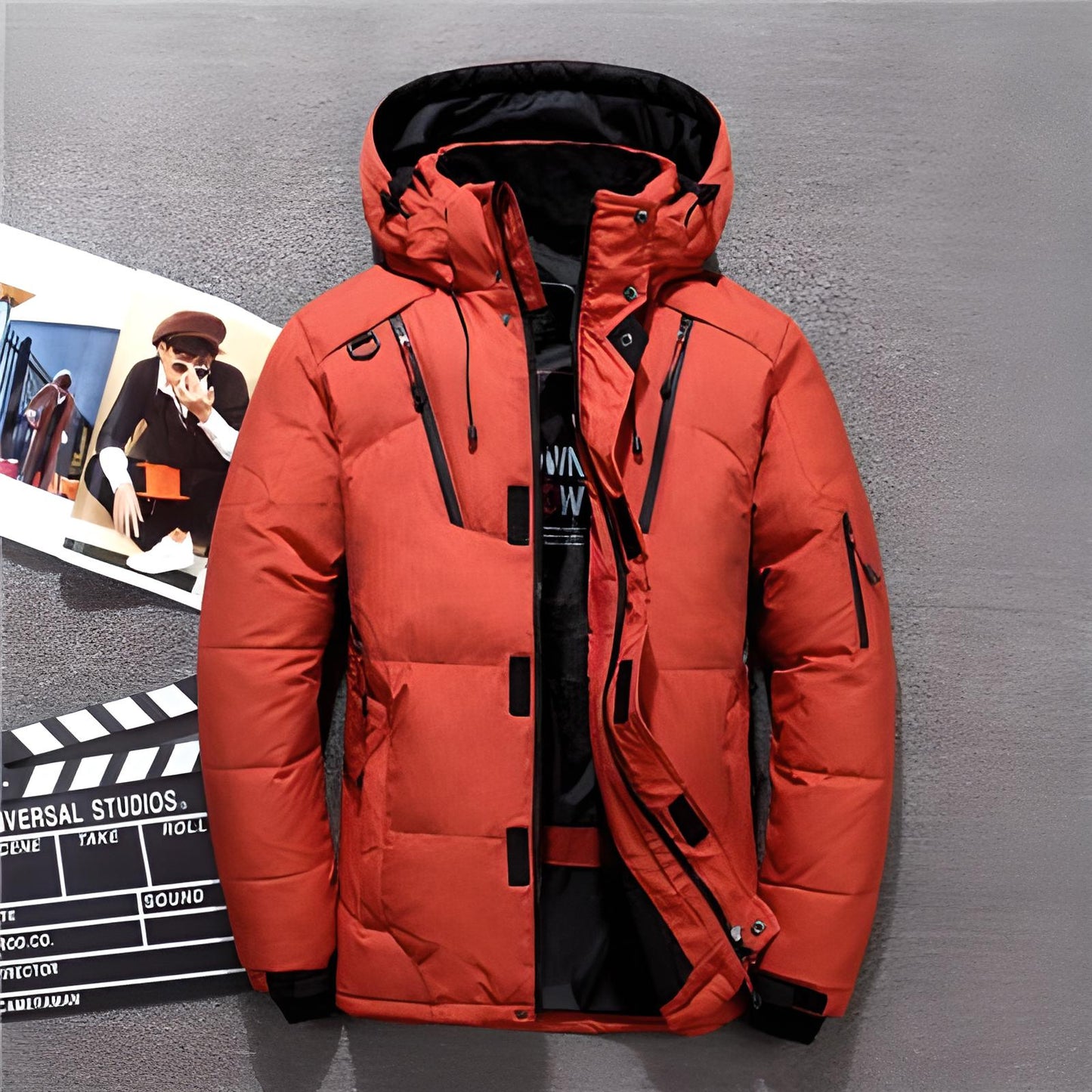 Men's Down Jacket - Water-Repellent - Hood & Zipper Pockets - Warm & Padded