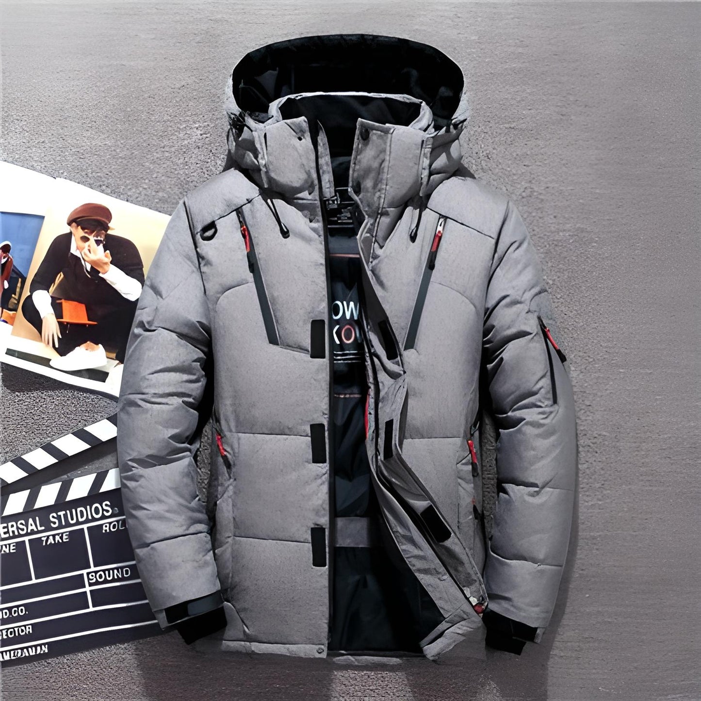 Men's Down Jacket - Water-Repellent - Hood & Zipper Pockets - Warm & Padded