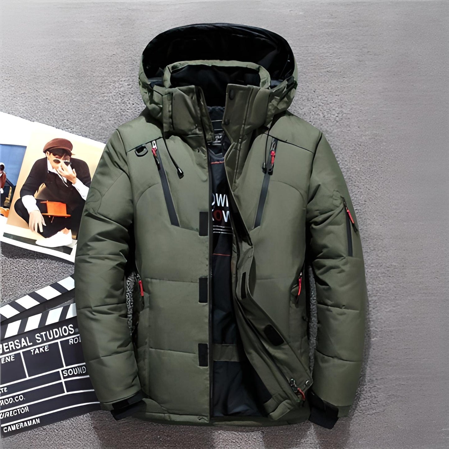 Men's Down Jacket - Water-Repellent - Hood & Zipper Pockets - Warm & Padded