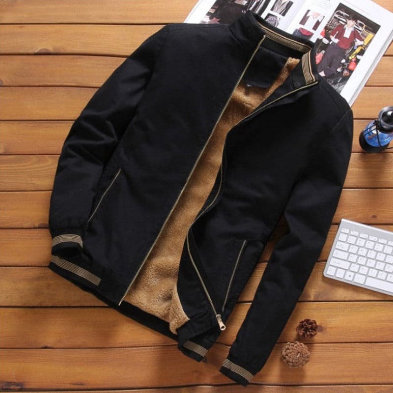 Men's Bomber Jacket - Fleece Lining - Ribbed Cuffs - Zipper Closure