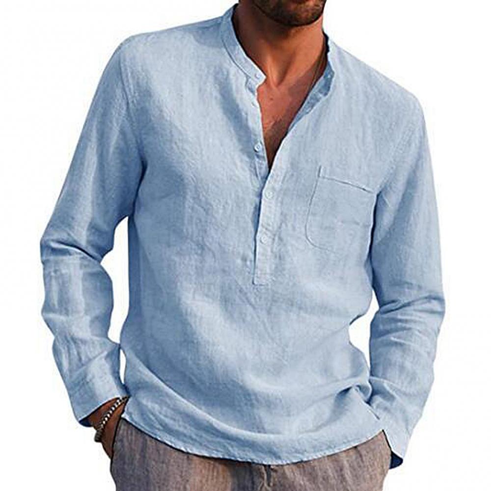 Men's Shirt - Long Sleeve Henley - Mandarin Collar - Chest Pocket - Relaxed Fit