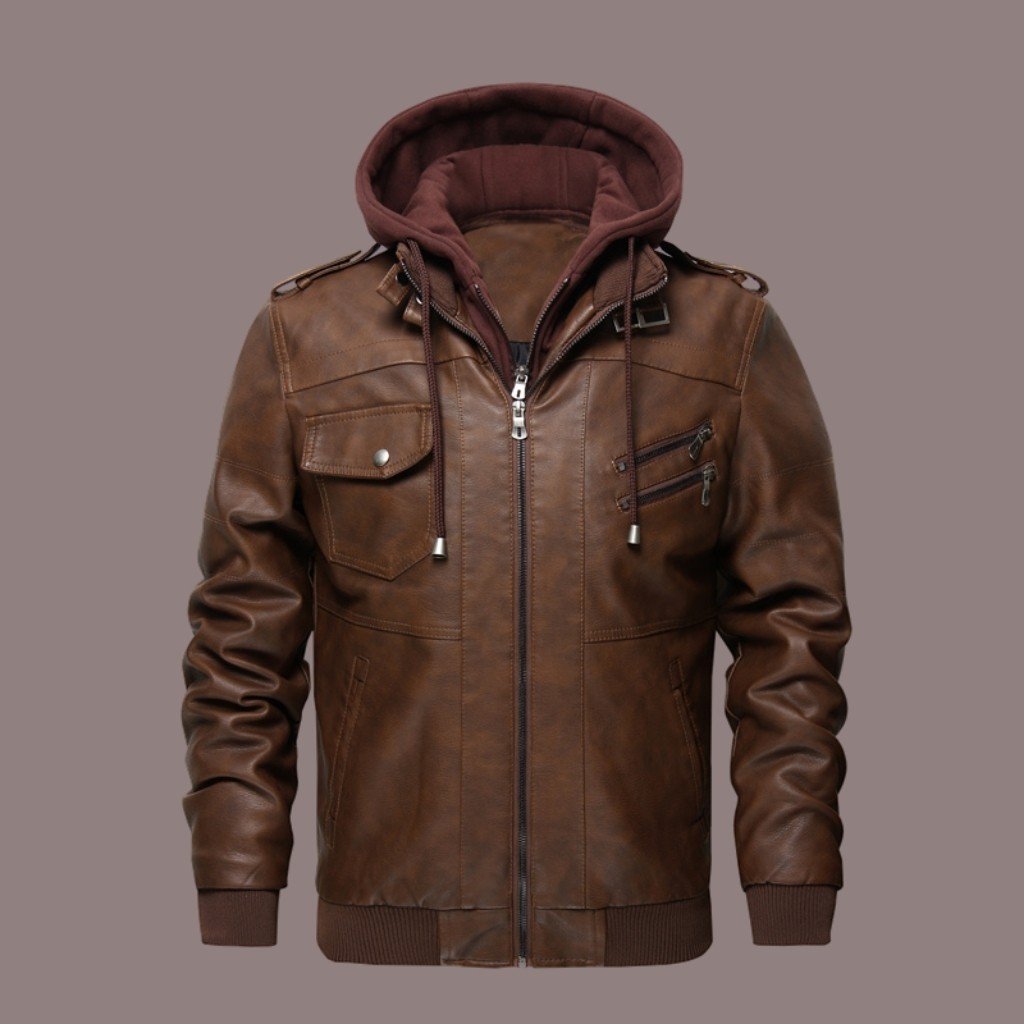 Men's Bomber Jacket - Imitation Leather - Drawstring Hood - Ribbed Cuffs