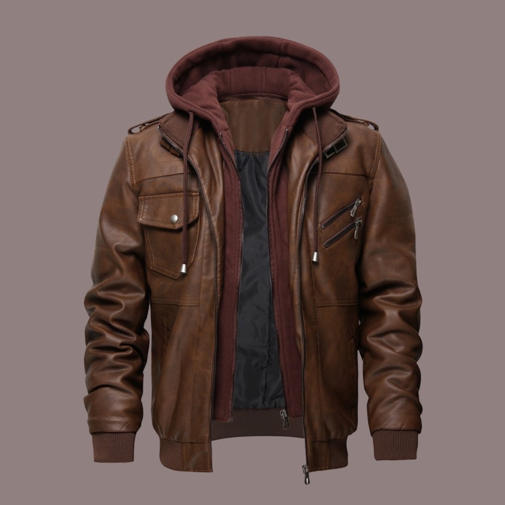 Men's Bomber Jacket - Imitation Leather - Drawstring Hood - Ribbed Cuffs