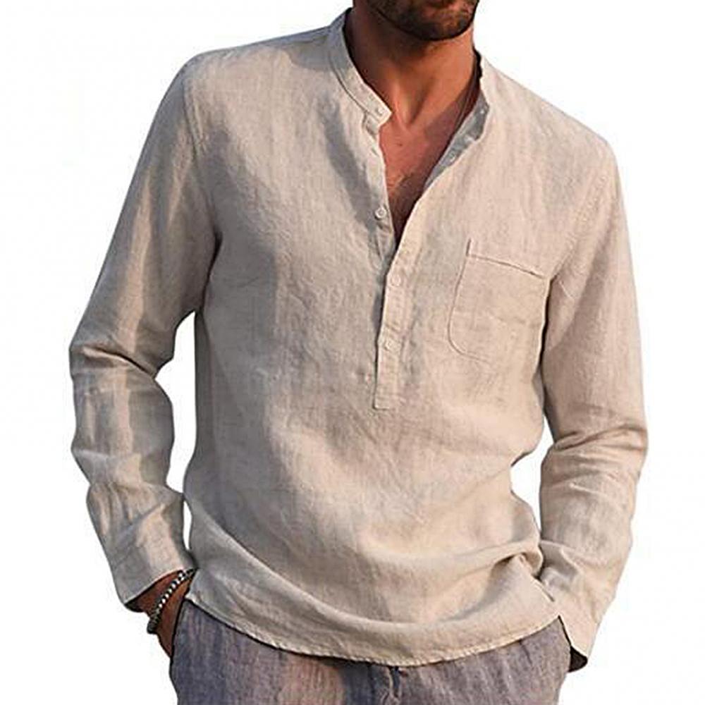 Men's Shirt - Long Sleeve Henley - Mandarin Collar - Chest Pocket - Relaxed Fit