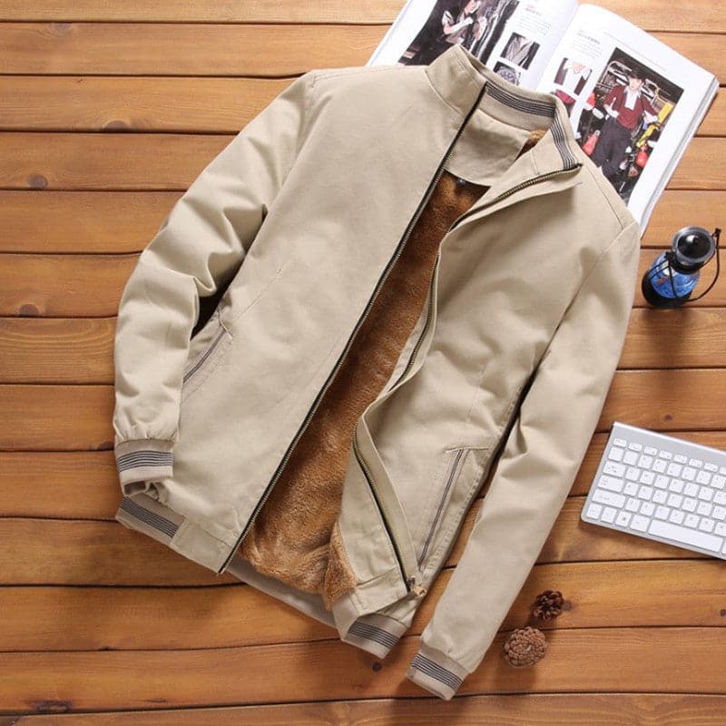Men's Bomber Jacket - Fleece Lining - Ribbed Cuffs - Zipper Closure