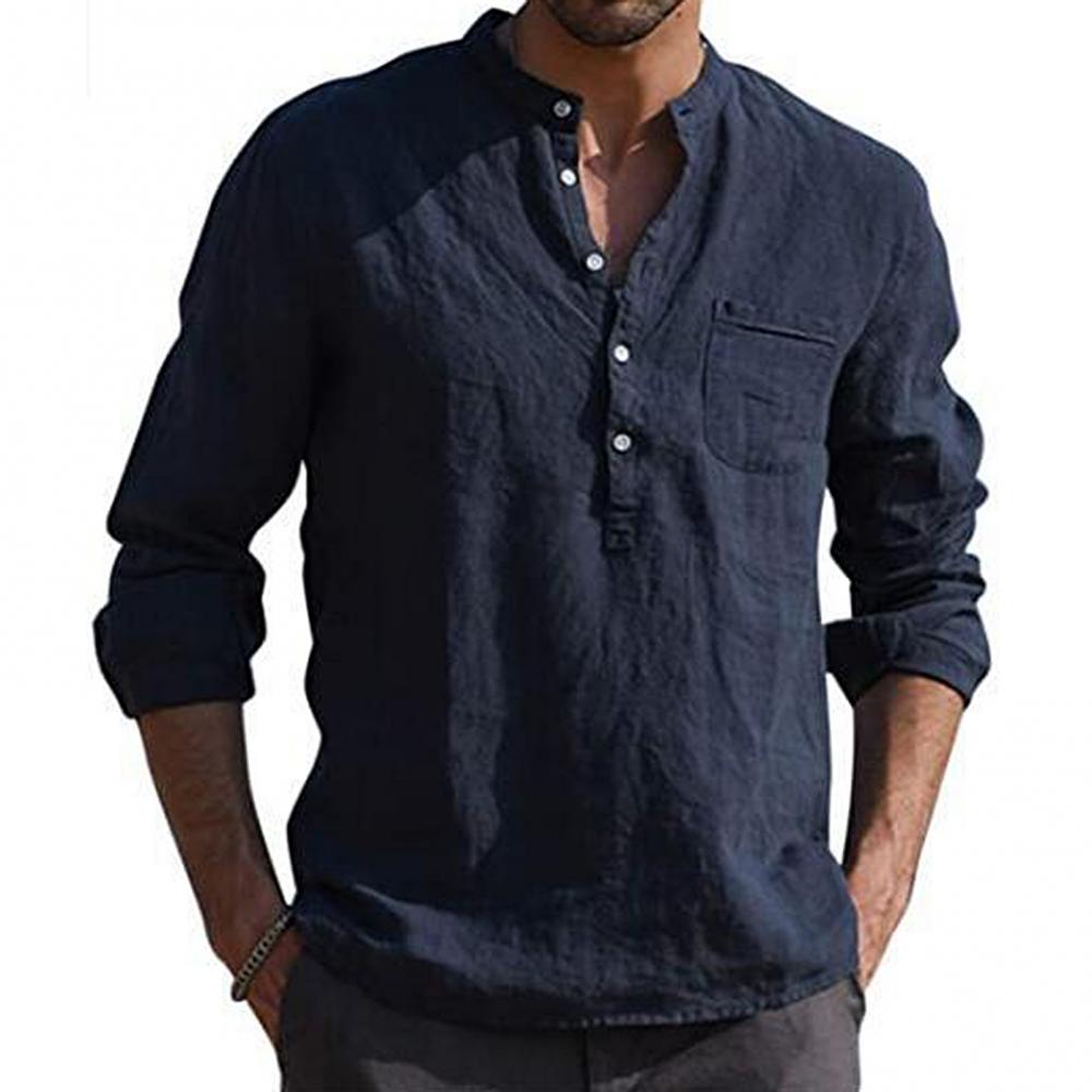 Men's Shirt - Long Sleeve Henley - Mandarin Collar - Chest Pocket - Relaxed Fit