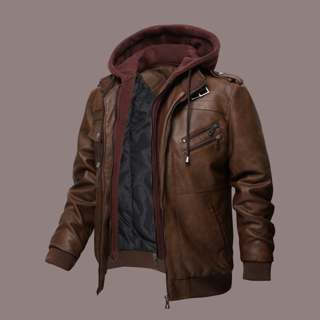 Men's Bomber Jacket - Imitation Leather - Drawstring Hood - Ribbed Cuffs