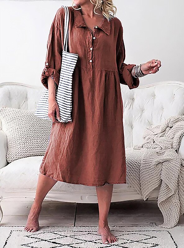 Women's Shirt Dress - Airy Cotton/Linen - Loose Fit - Knee-Length with Buttons