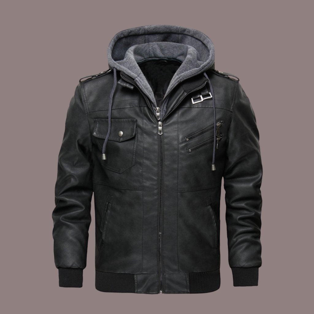 Men's Bomber Jacket - Imitation Leather - Drawstring Hood - Ribbed Cuffs