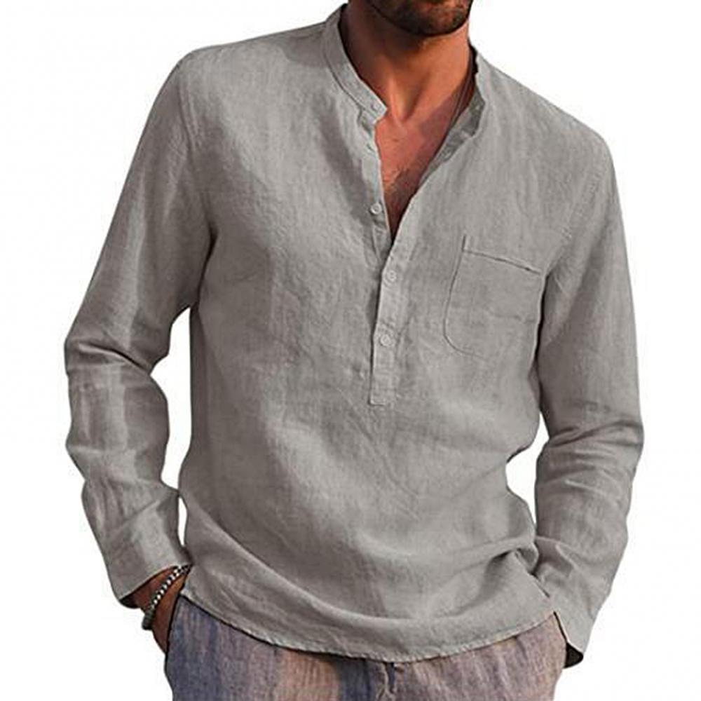 Men's Shirt - Long Sleeve Henley - Mandarin Collar - Chest Pocket - Relaxed Fit