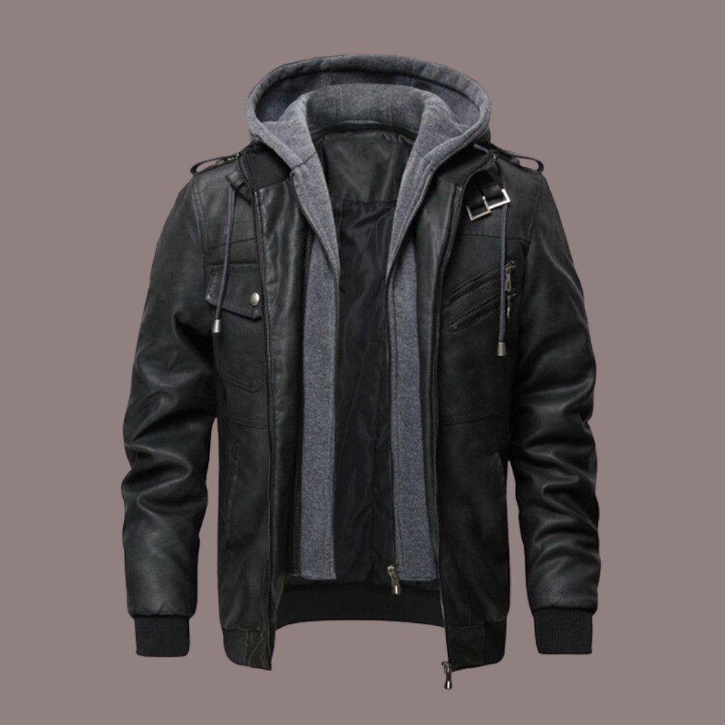Men's Bomber Jacket - Imitation Leather - Drawstring Hood - Ribbed Cuffs