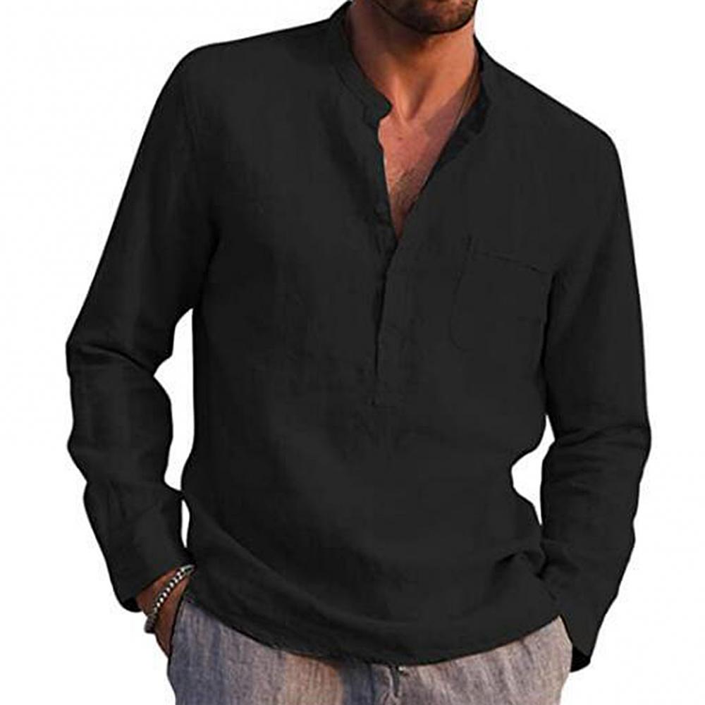 Men's Shirt - Long Sleeve Henley - Mandarin Collar - Chest Pocket - Relaxed Fit
