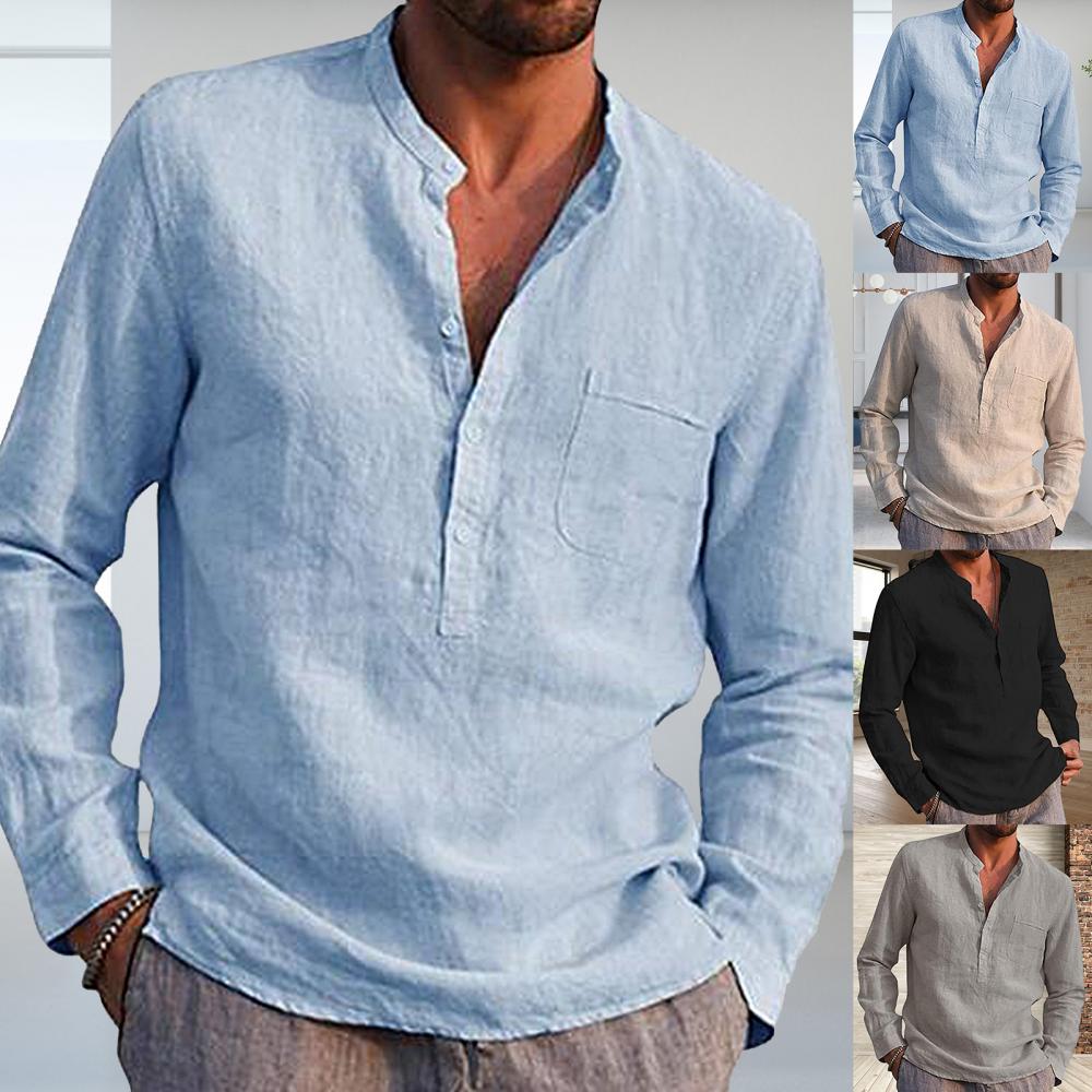Men's Shirt - Long Sleeve Henley - Mandarin Collar - Chest Pocket - Relaxed Fit