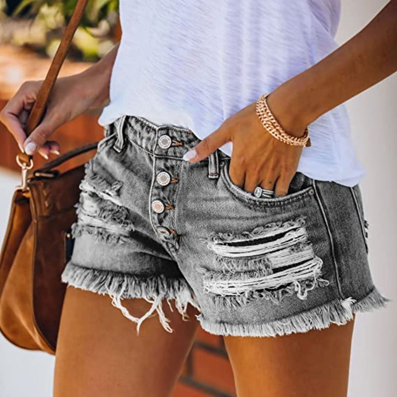 Dame Jeansshorts - Råkantet Denim - Rippet Design - Knapplukking - Casual Passform
