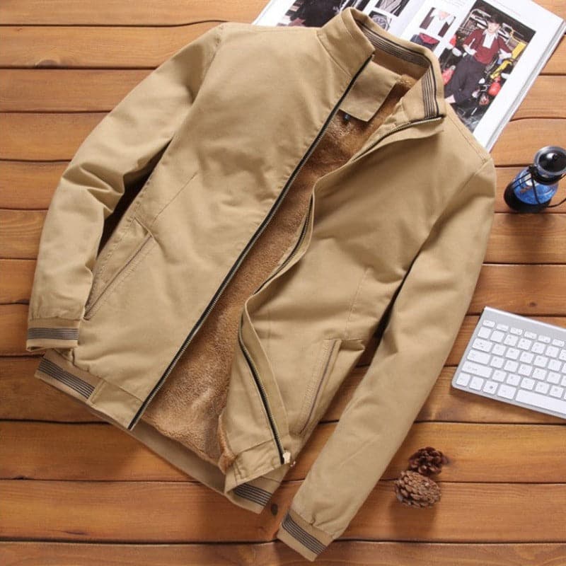 Men's Bomber Jacket - Fleece Lining - Ribbed Cuffs - Zipper Closure