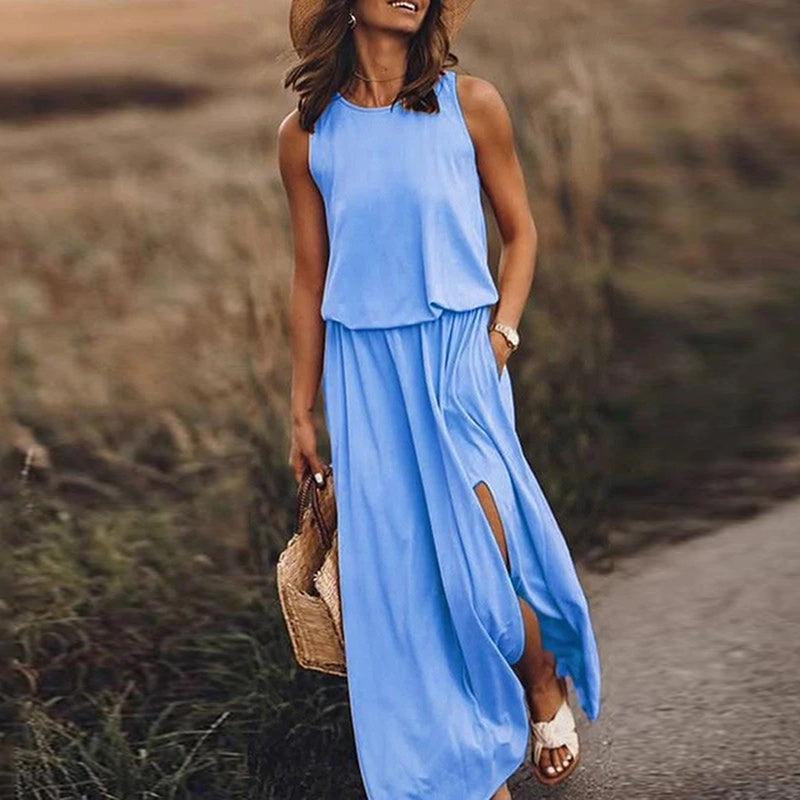 Women's Maxi Dress – Sleeveless with Round Neck – Elastic Waist – Light and Airy Fit