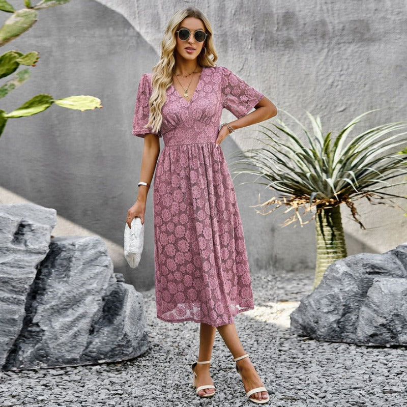 Women's Midi Dress - Lace - V-Neck - Short Sleeves - Elegant Slim Fit