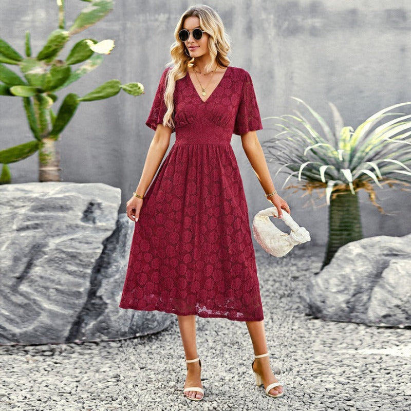 Women's Midi Dress - Lace - V-Neck - Short Sleeves - Elegant Slim Fit