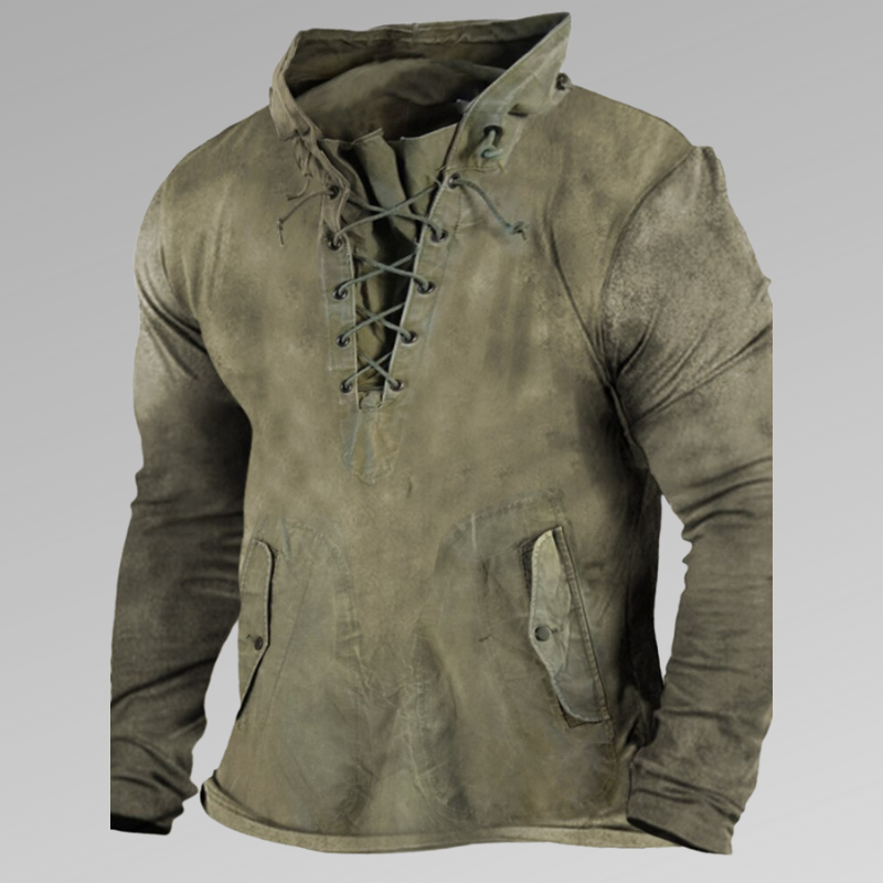 Men's Sweater - Long-Sleeved Lace-Up - Durable and Rustic - With Front Pockets