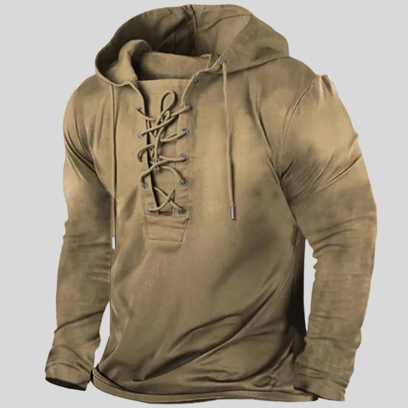 Men's Sweater - Long-Sleeved Lace-Up - Durable and Rustic - With Front Pockets