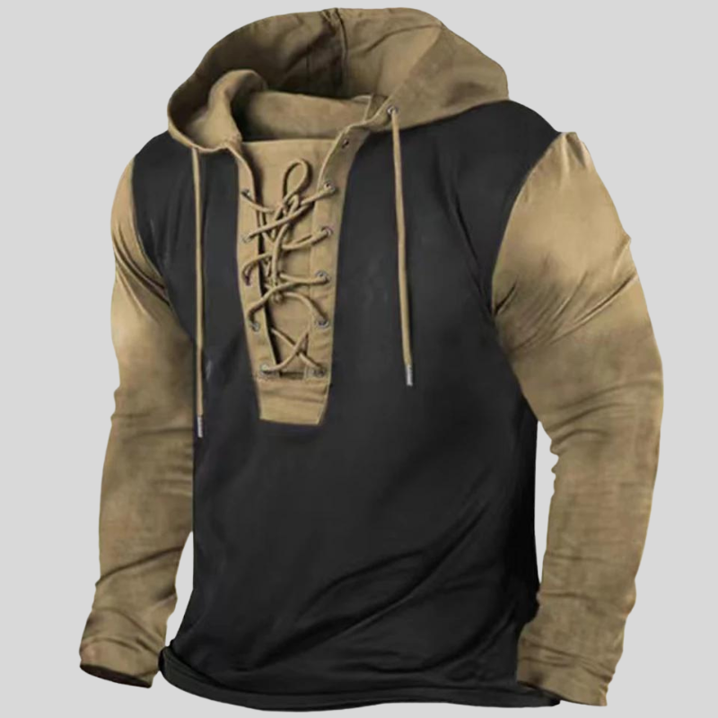 Men's Sweater - Long-Sleeved Lace-Up - Durable and Rustic - With Front Pockets