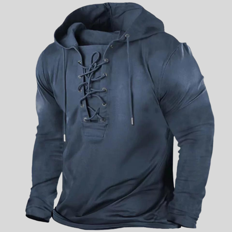 Men's Sweater - Long-Sleeved Lace-Up - Durable and Rustic - With Front Pockets