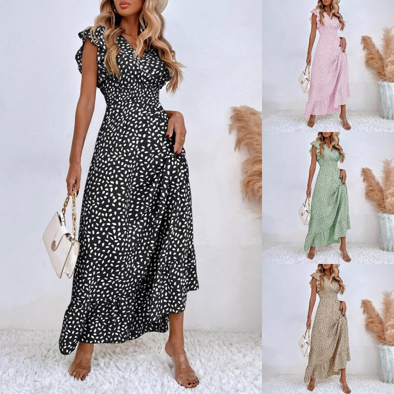 Women Midi Wrap Dress – V-neck – A-line – Elegant Ruffle Sleeves – Polka Dot Pattern