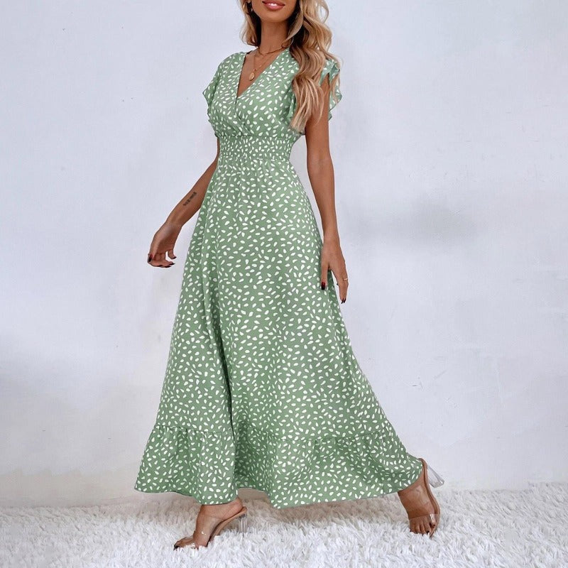 Women Midi Wrap Dress – V-neck – A-line – Elegant Ruffle Sleeves – Polka Dot Pattern