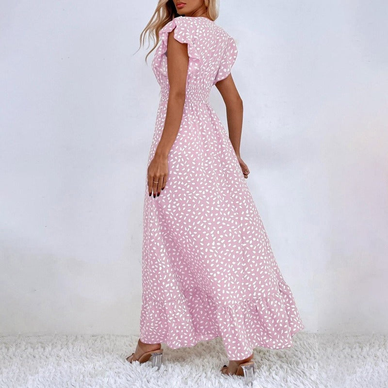 Women Midi Wrap Dress – V-neck – A-line – Elegant Ruffle Sleeves – Polka Dot Pattern