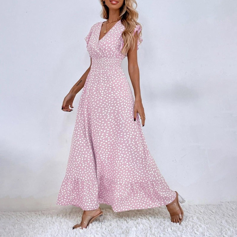 Women Midi Wrap Dress – V-neck – A-line – Elegant Ruffle Sleeves – Polka Dot Pattern