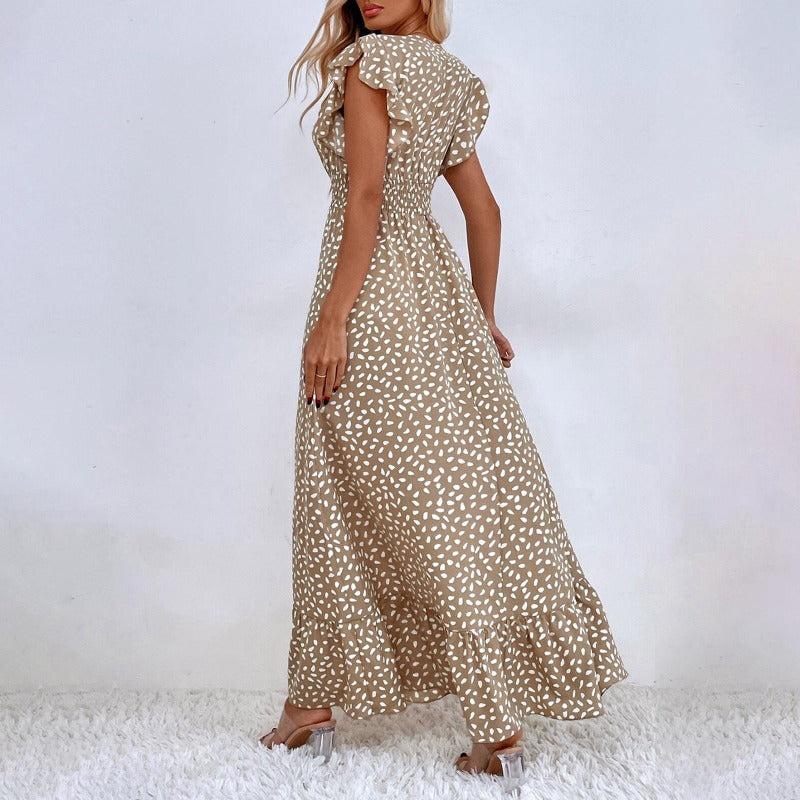 Women Midi Wrap Dress – V-neck – A-line – Elegant Ruffle Sleeves – Polka Dot Pattern