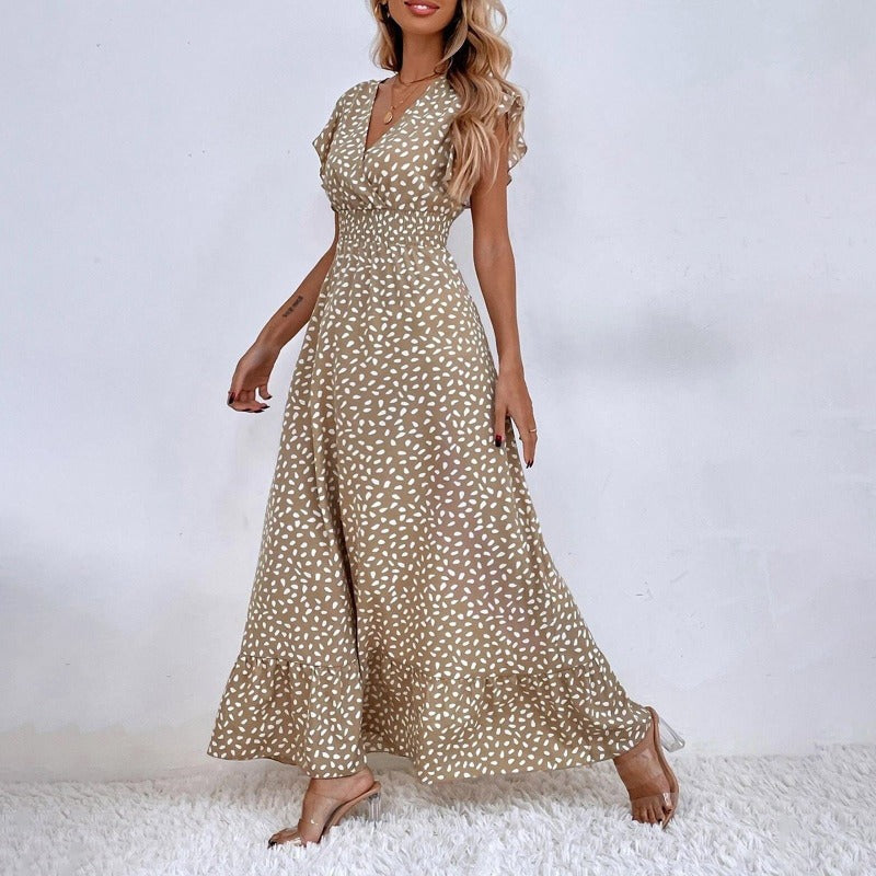 Women Midi Wrap Dress – V-neck – A-line – Elegant Ruffle Sleeves – Polka Dot Pattern