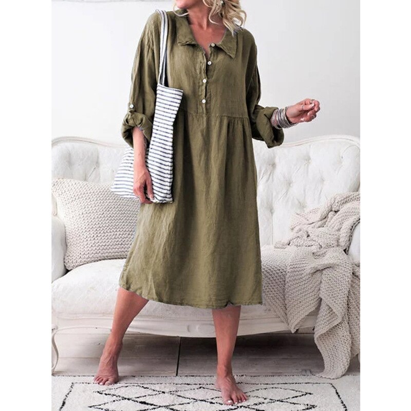 Women's Shirt Dress - Airy Cotton/Linen - Loose Fit - Knee-Length with Buttons