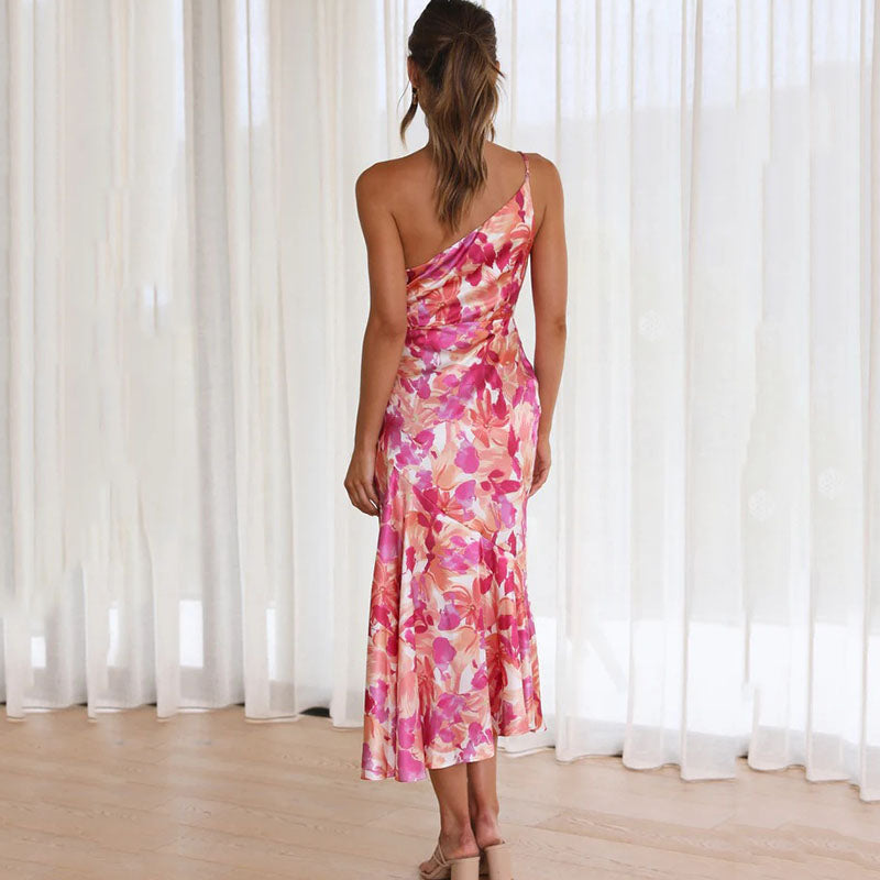 Dress for Women - Elegant Midi - One Shoulder - Floral Print - Tailored Party Outfit