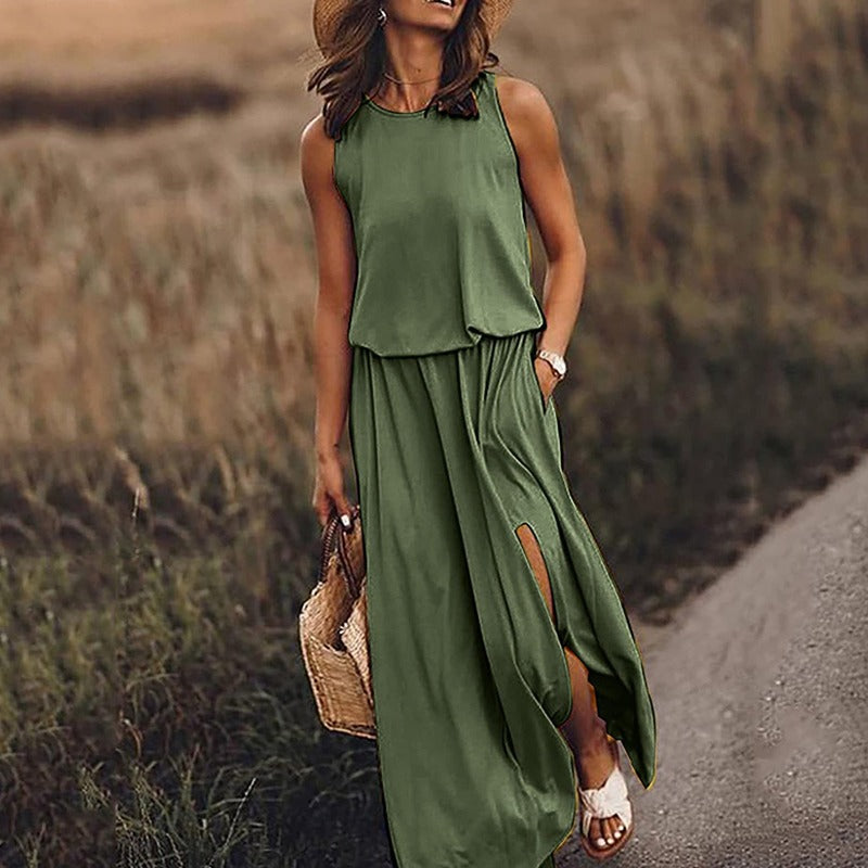 Women's Maxi Dress – Sleeveless with Round Neck – Elastic Waist – Light and Airy Fit