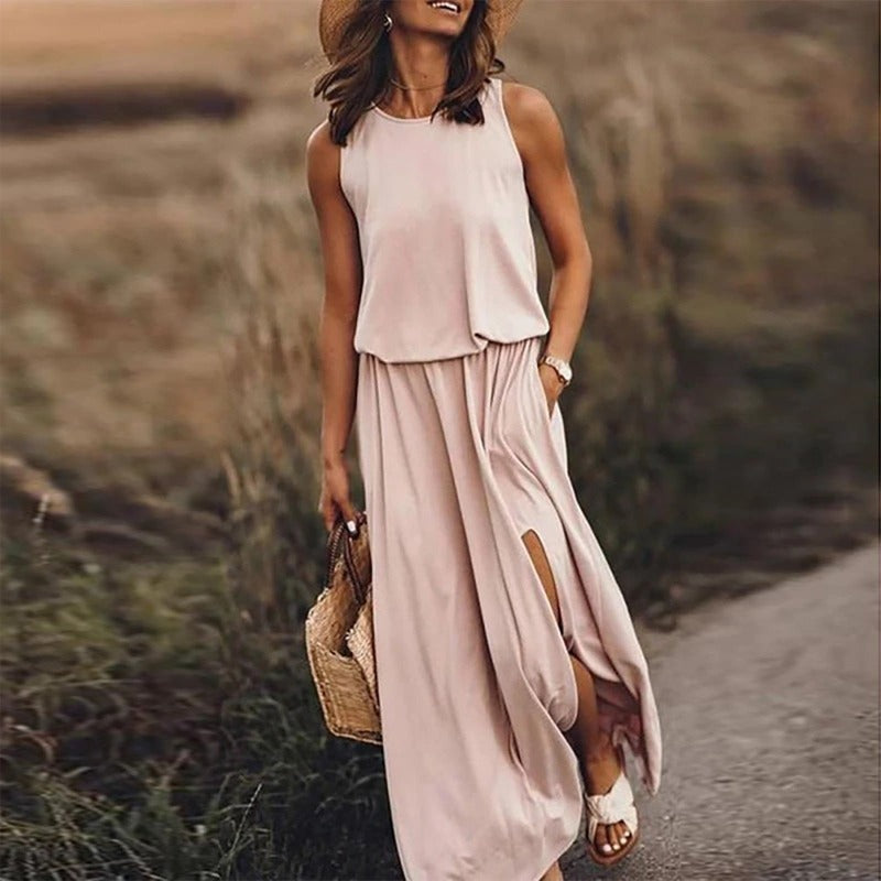 Women's Maxi Dress – Sleeveless with Round Neck – Elastic Waist – Light and Airy Fit