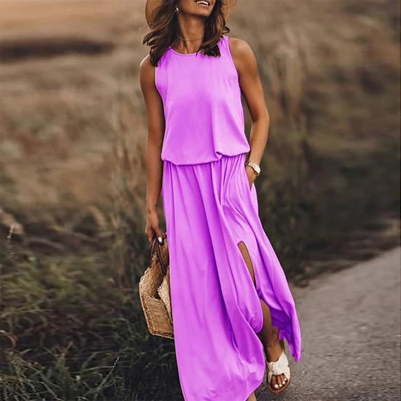 Women's Maxi Dress – Sleeveless with Round Neck – Elastic Waist – Light and Airy Fit