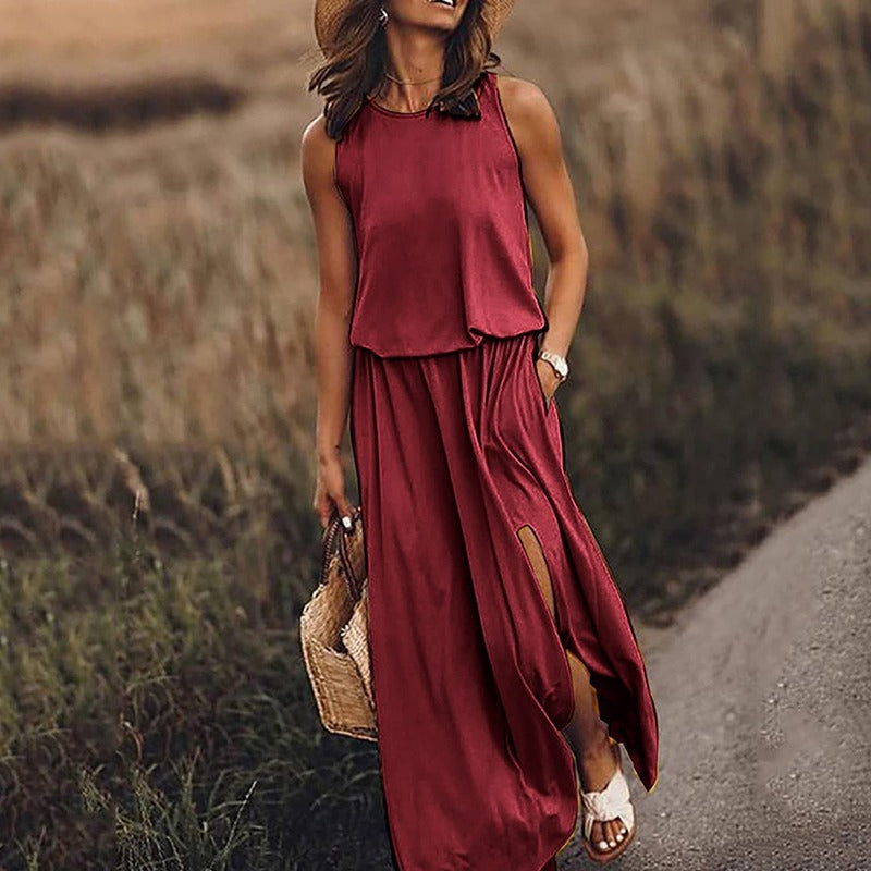 Women's Maxi Dress – Sleeveless with Round Neck – Elastic Waist – Light and Airy Fit