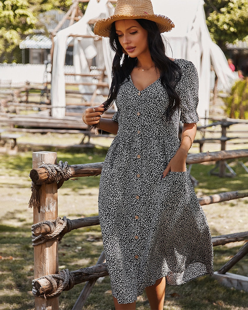 Dress for Women - Midi Length - V-neck - Short Sleeves - Button Closure - Relaxed Fit