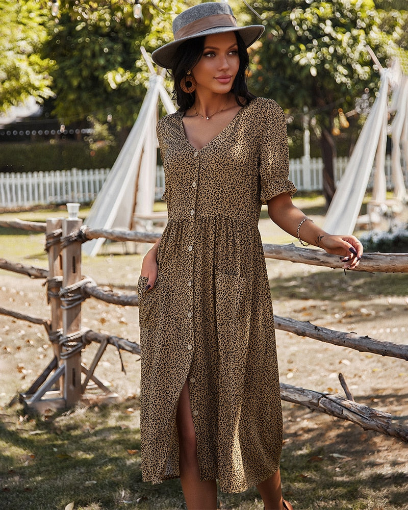 Dress for Women - Midi Length - V-neck - Short Sleeves - Button Closure - Relaxed Fit