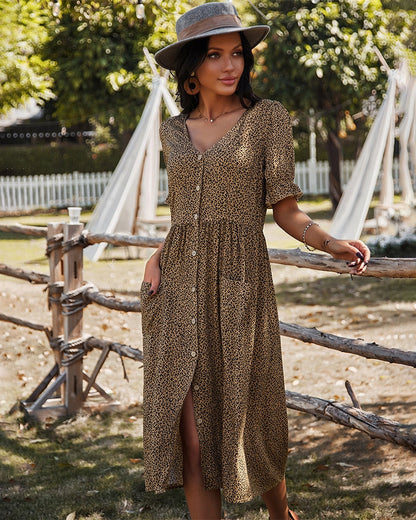 Dress for Women - Midi Length - V-neck - Short Sleeves - Button Closure - Relaxed Fit