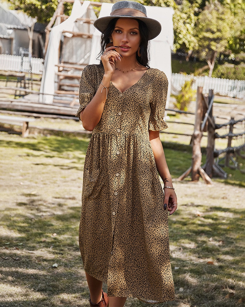 Dress for Women - Midi Length - V-neck - Short Sleeves - Button Closure - Relaxed Fit