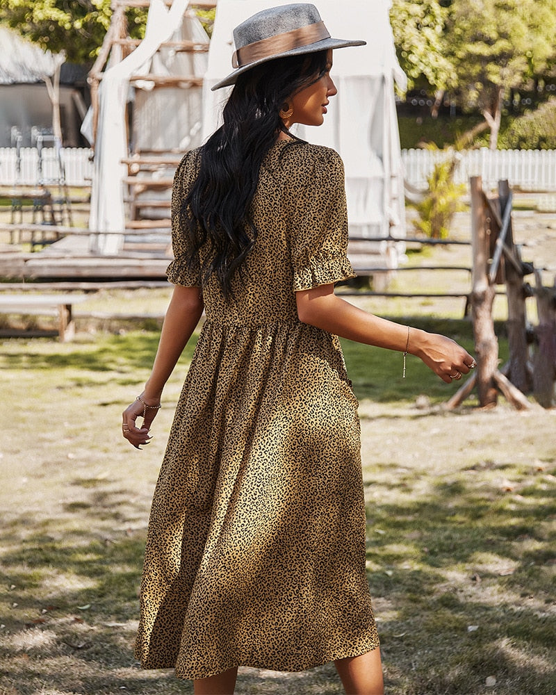 Dress for Women - Midi Length - V-neck - Short Sleeves - Button Closure - Relaxed Fit