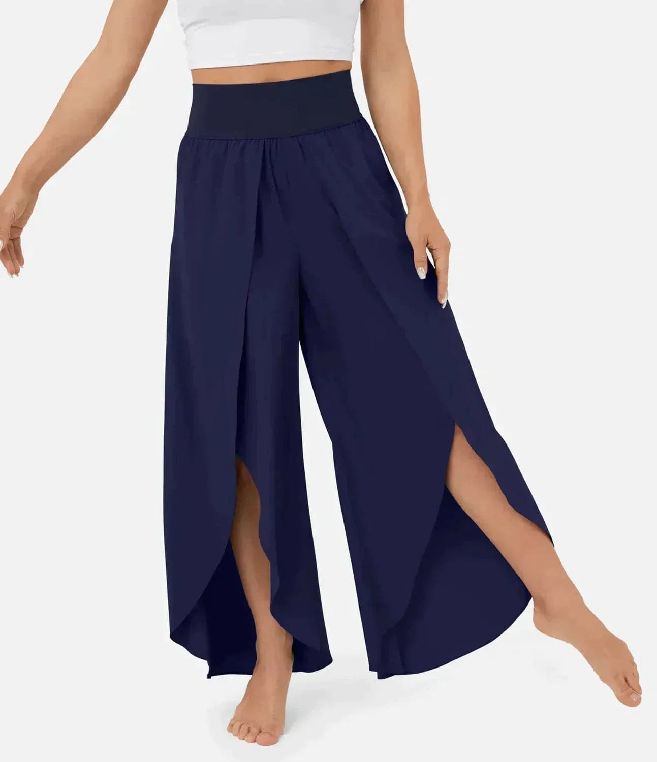 Women's Wide Pants – Flowy Fit – High Slits – Elastic Waist – Light and Comfortable