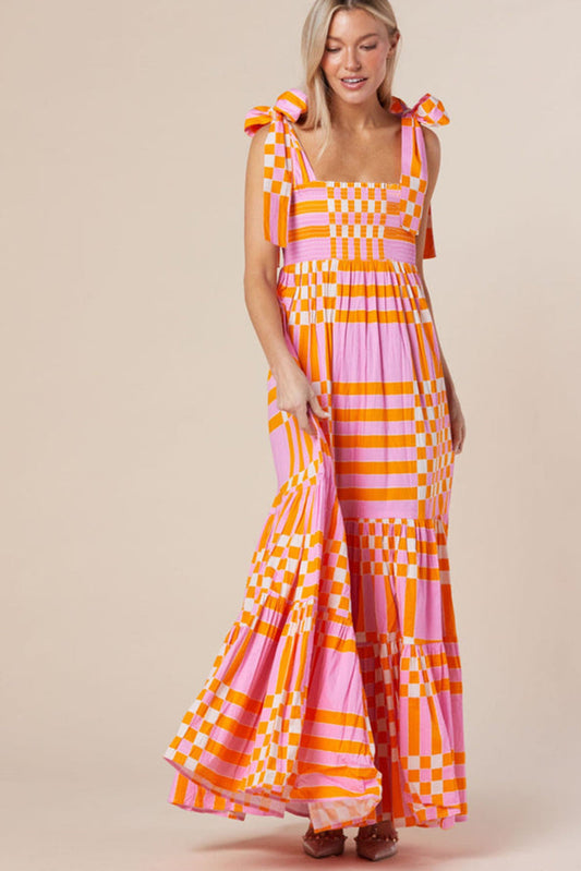 Women's Dress – Maxi A-line – Bow Straps – Check Pattern – Lightweight Fabric