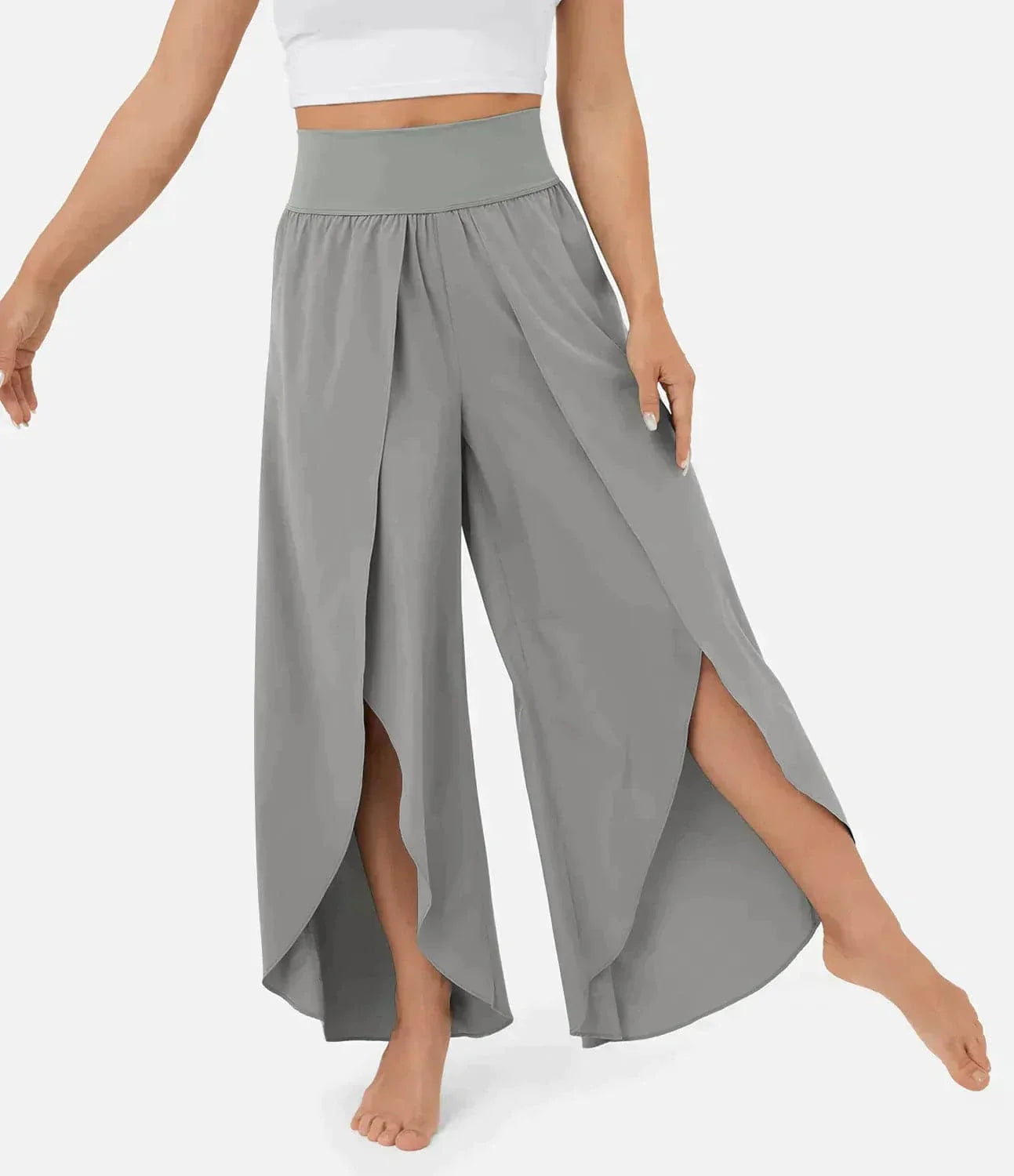 Women's Wide Pants – Flowy Fit – High Slits – Elastic Waist – Light and Comfortable