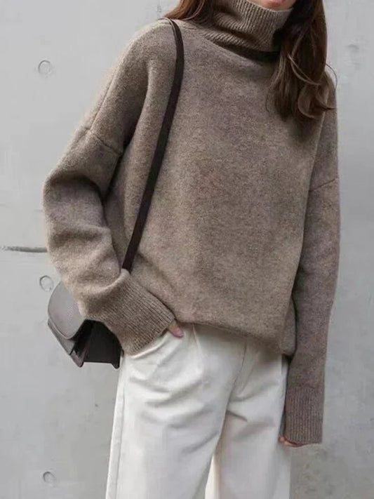 Women's Sweater with High Neck – Wool Blend – Relaxed Fit – Ribbed Knit – Hip Length