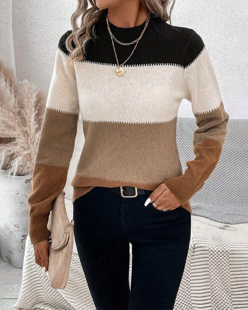 Women's Sweater – Wool Blend – Regular Fit – Crew Neck – Long Sleeves – Block Design