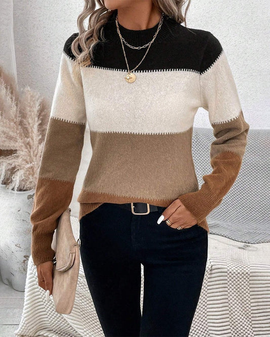 Women's Sweater – Wool Blend – Regular Fit – Crew Neck – Long Sleeves – Block Design