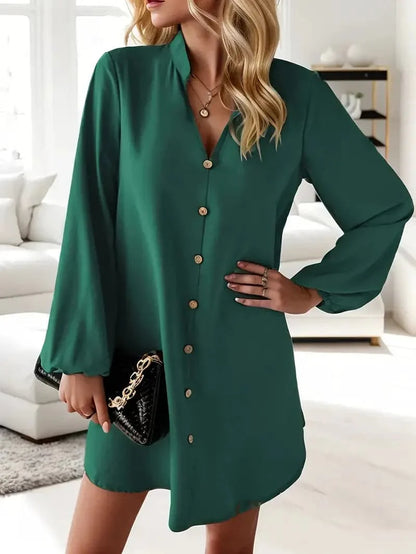 Dame Skjortekjole – Knelang – V-hals – Lange Ermer – Elegant og Casual